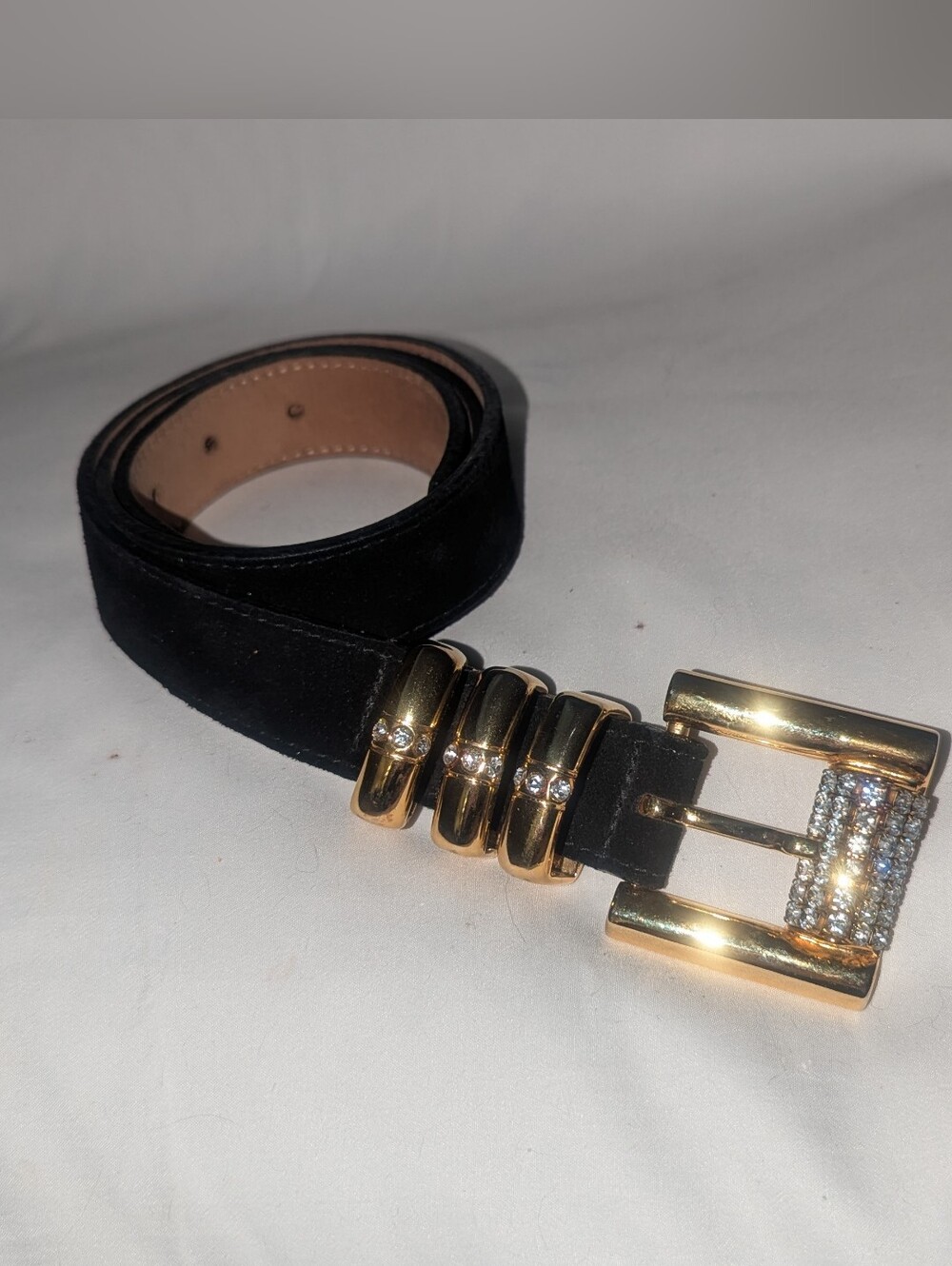 Vintage Streets Ahead Black  Suede Leather Rhinestone Statement Belt . Size M